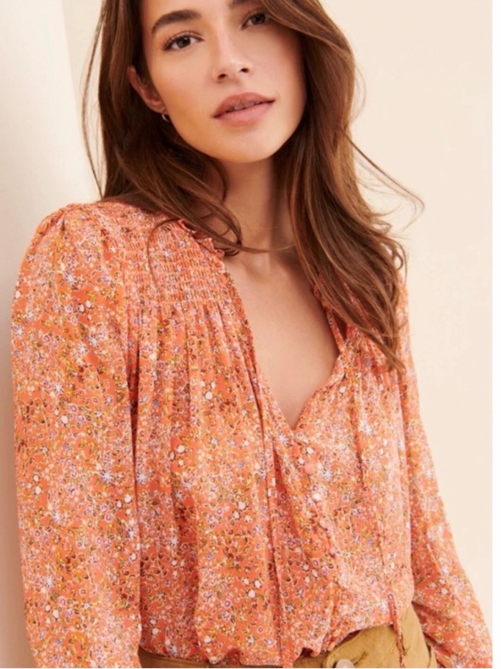 Free People Lela Coral Floral Button-Front Blouse NWT